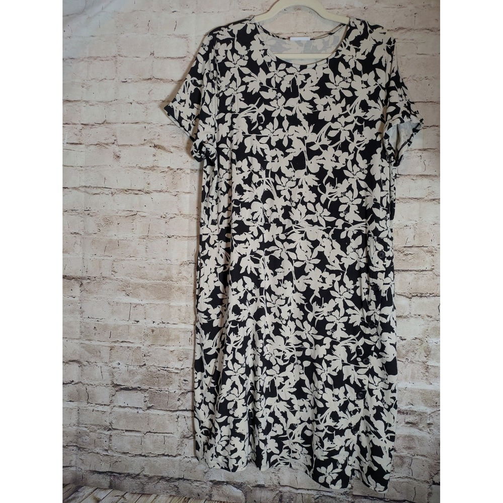 NEW J. Jill Dress Large Black & Oatmeal Floral Button Detail Pima Cotton Stretch